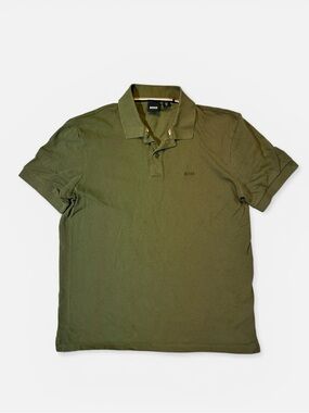 Hugo Boss mens M Medium army green solid cotton blend pique polo shirt EUC